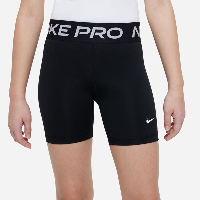 Nike Pro youth 5-inch black compression shorts with white logo waistband and Nike swoosh