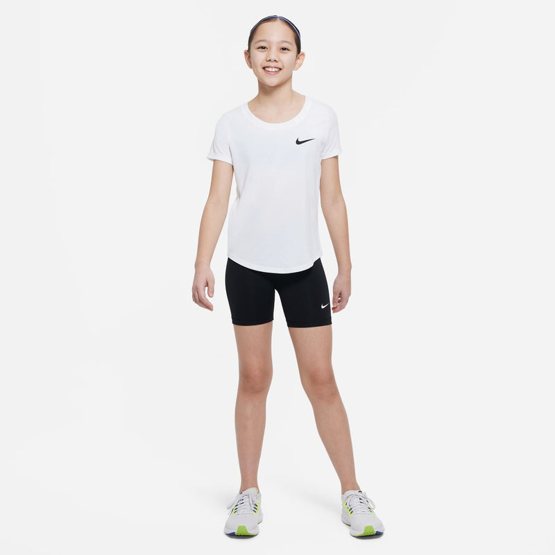 Nike Pro youth black 5-inch compression shorts with white waistband logo and Nike swoosh