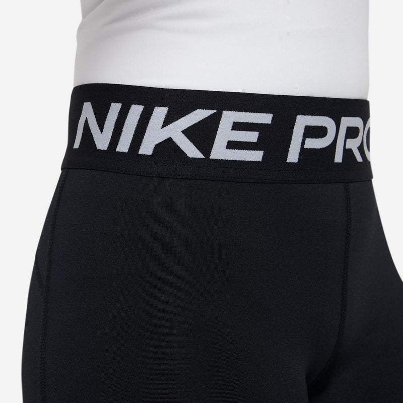 Nike Pro youth black 5-inch shorts, close-up of wide waistband with NIKE PRO text