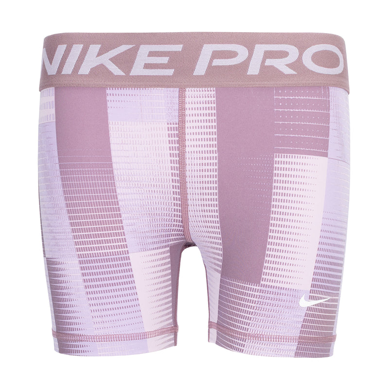 Youth compression shorts in light purple with white graphic panels and wide waistband