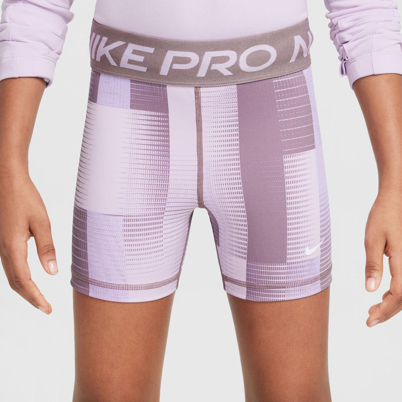 Youth compression shorts, light purple with white grid pattern; taupe “NIKE PRO” waistband