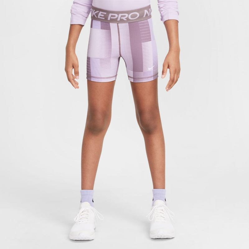 Youth compression shorts in light purple with white panel pattern and short inseam