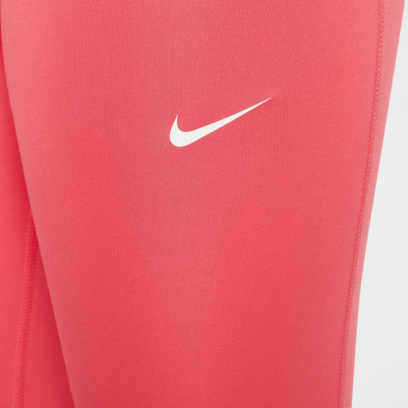 Coral pink Nike Pro leggings with white Nike swoosh logo on the leg