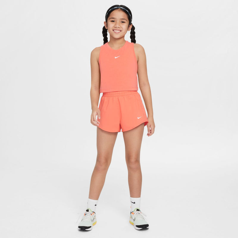 Youth coral pink sleeveless tank with Nike swoosh and crew neck