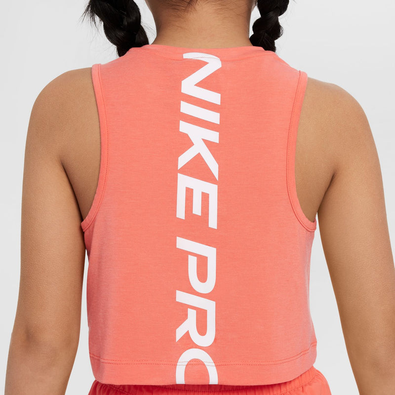 Youth coral pink Nike Pro tank back with large vertical “NIKE PRO” print