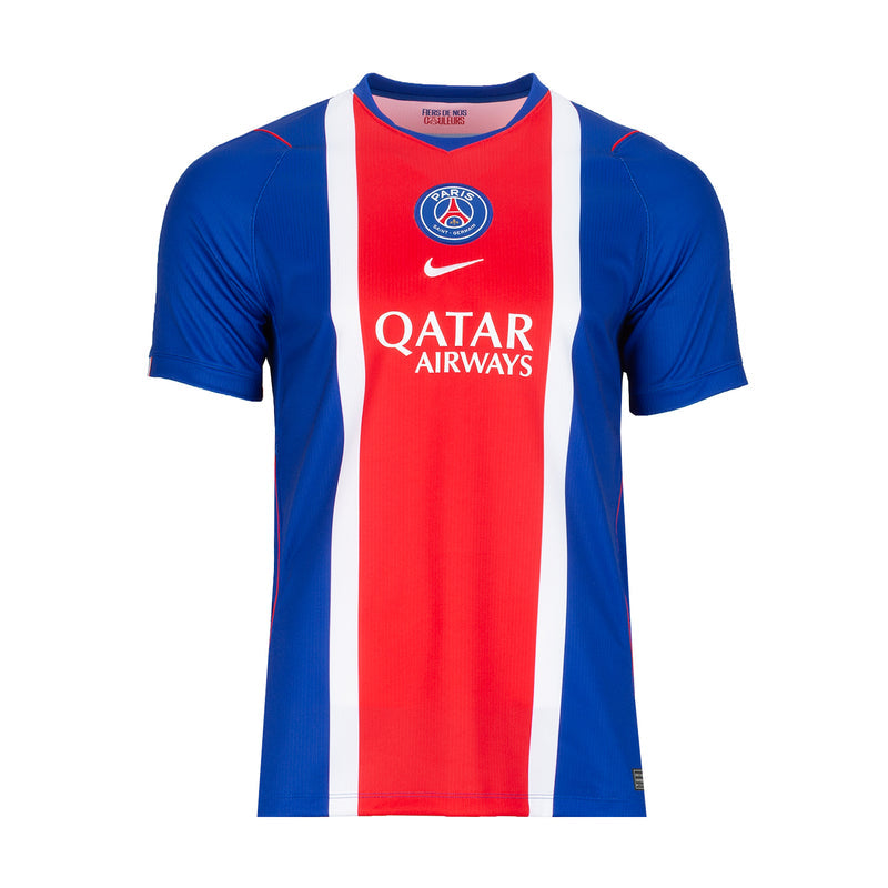Men's PSG home stadium replica jersey, blue with red/white vertical stripe, PSG crest