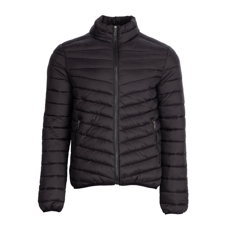 Men's black puffer jacket with full-zip front and stand collar, quilted padding