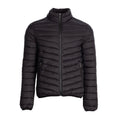 Men's black puffer jacket with full-zip front and stand collar, quilted padding