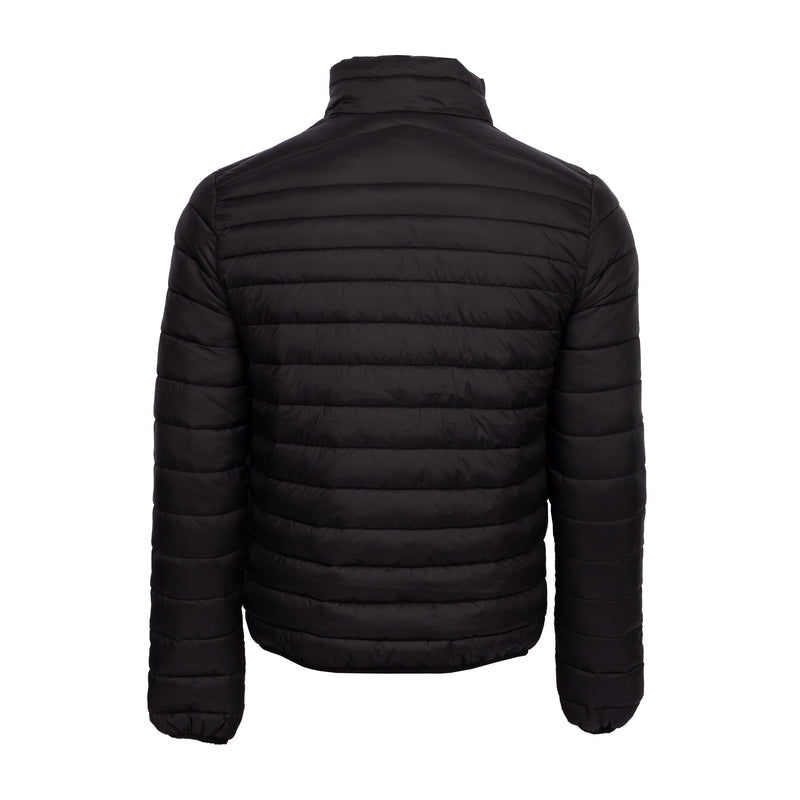 Men's black puffer jacket, quilted back with high collar and full-length zipper