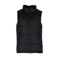 Black men’s puffer vest with full front zipper and high stand collar.