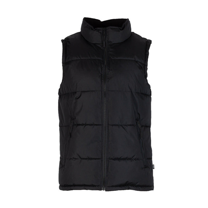 Black men’s puffer vest with full front zipper and high stand collar.
