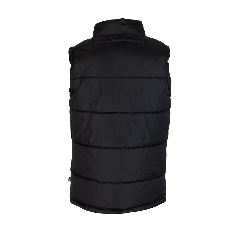 Black men’s puffer vest back view with quilted baffles and stand collar.