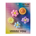5-pack puffy flower Jibbitz charms with pink, orange, yellow, purple, and blue flowers