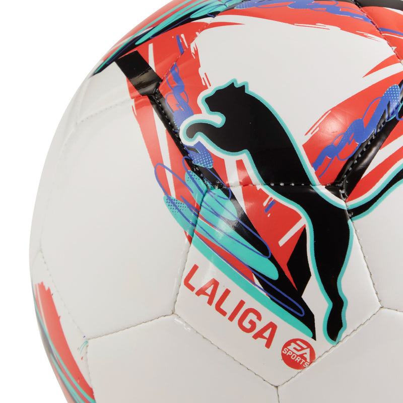 Puma mini soccer ball close-up, white with teal Puma cat and multicolor pattern