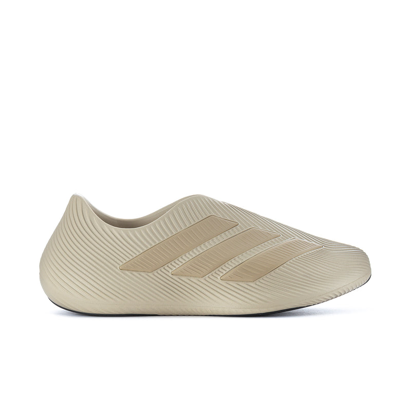Men's khaki slip-on sneakers with ribbed knit upper and chevron logo