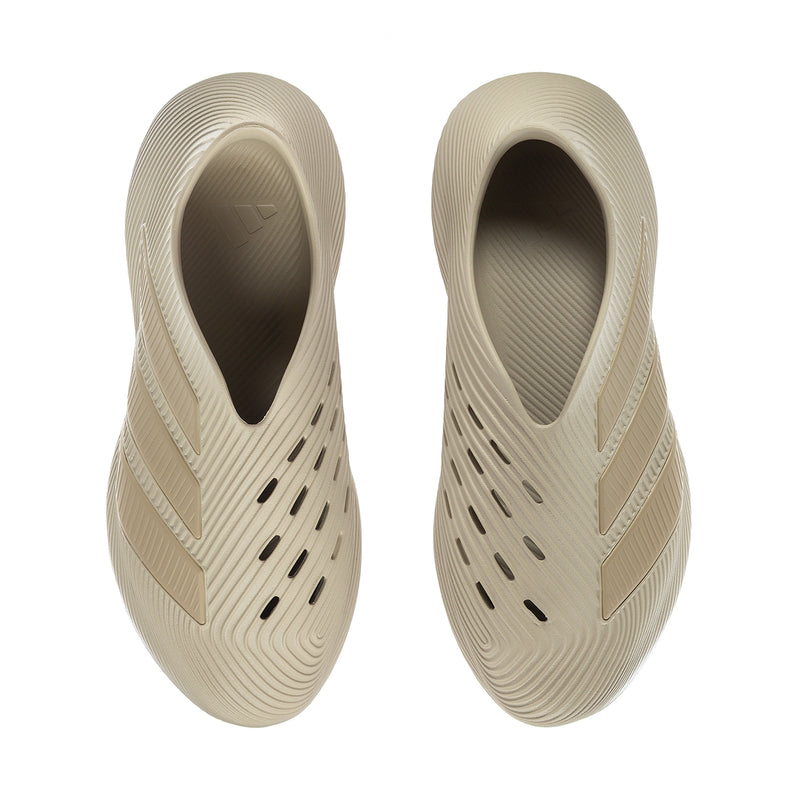 Men's khaki slip-on sneakers, front and back views with perforation pattern