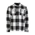 Men's quilted flannel shirt jacket, black/gray/white buffalo plaid, button front, chest pockets