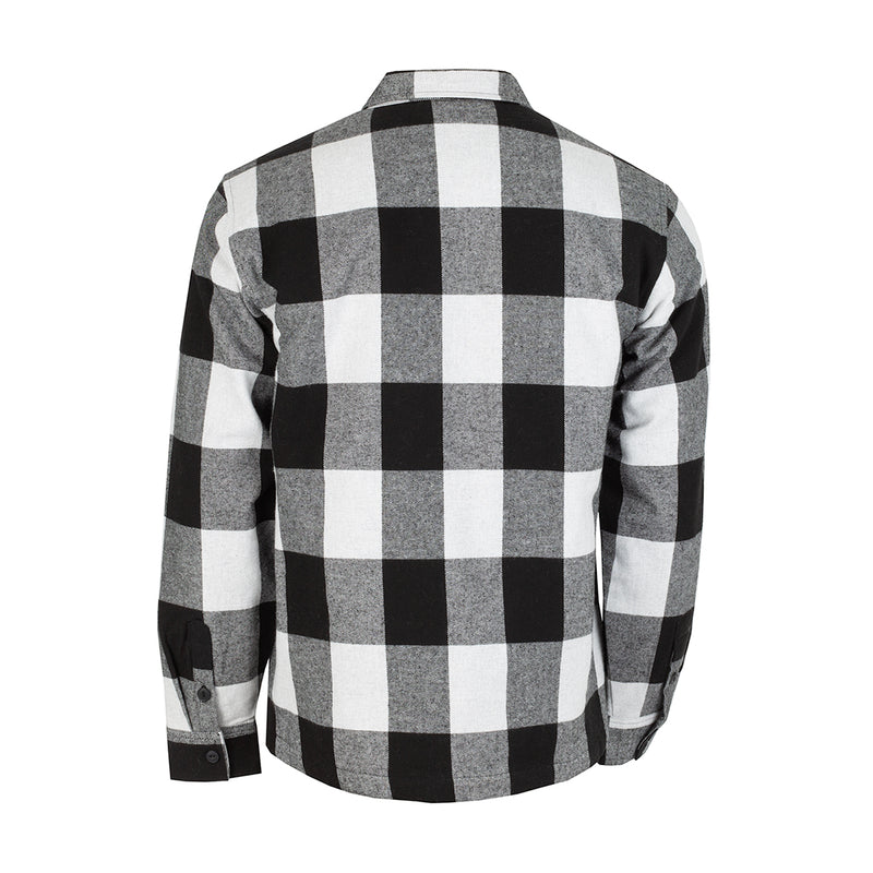 Men's quilted flannel shirt jacket, black/gray/white buffalo plaid back view, button front