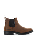 Men’s brown Chelsea work boot with elastic side panels and black rubber sole