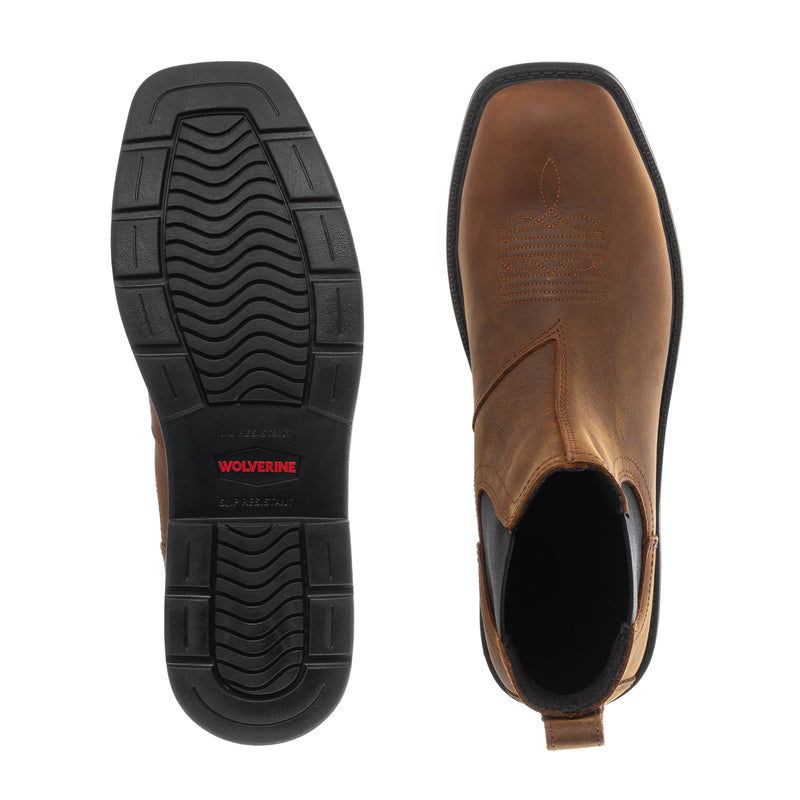 Brown Chelsea boot outsole and opening view with black rugged tread