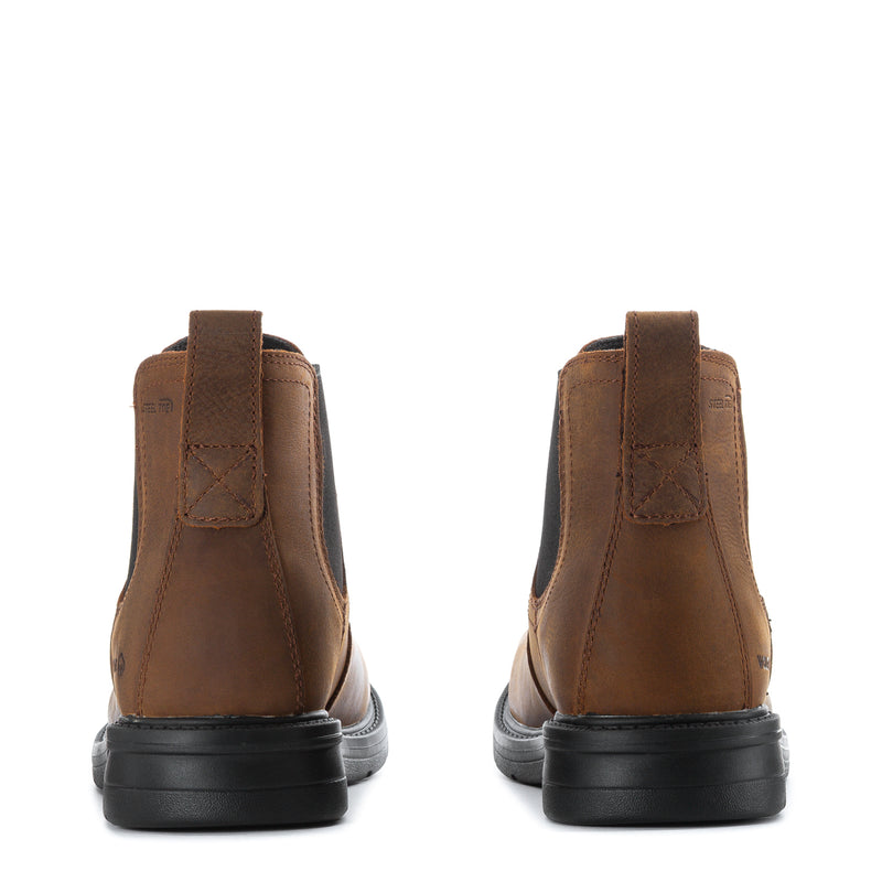 Brown Chelsea boot rear view with elastic gore, back pull tab, and black heel sole