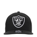Black snapback cap with Raiders shield logo at front in contrast white outline