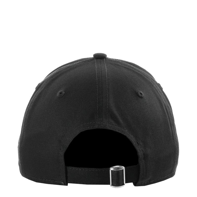 Black baseball cap back view with adjustable metal buckle strap