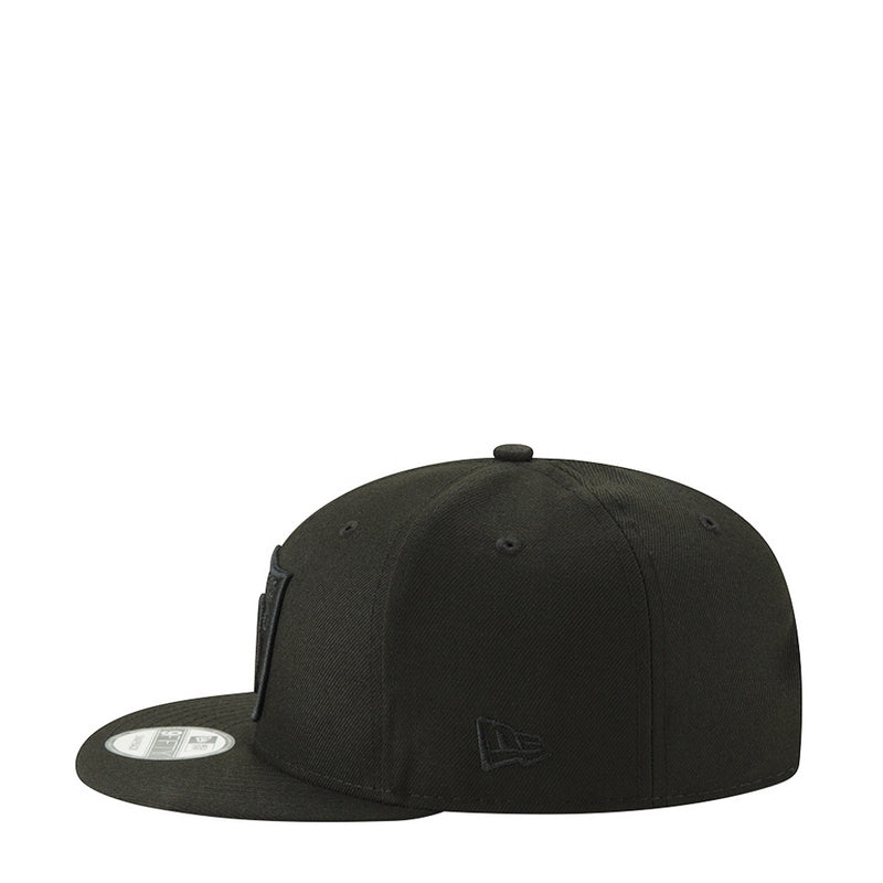 Black baseball cap with New Era logo on side panel, curved brim