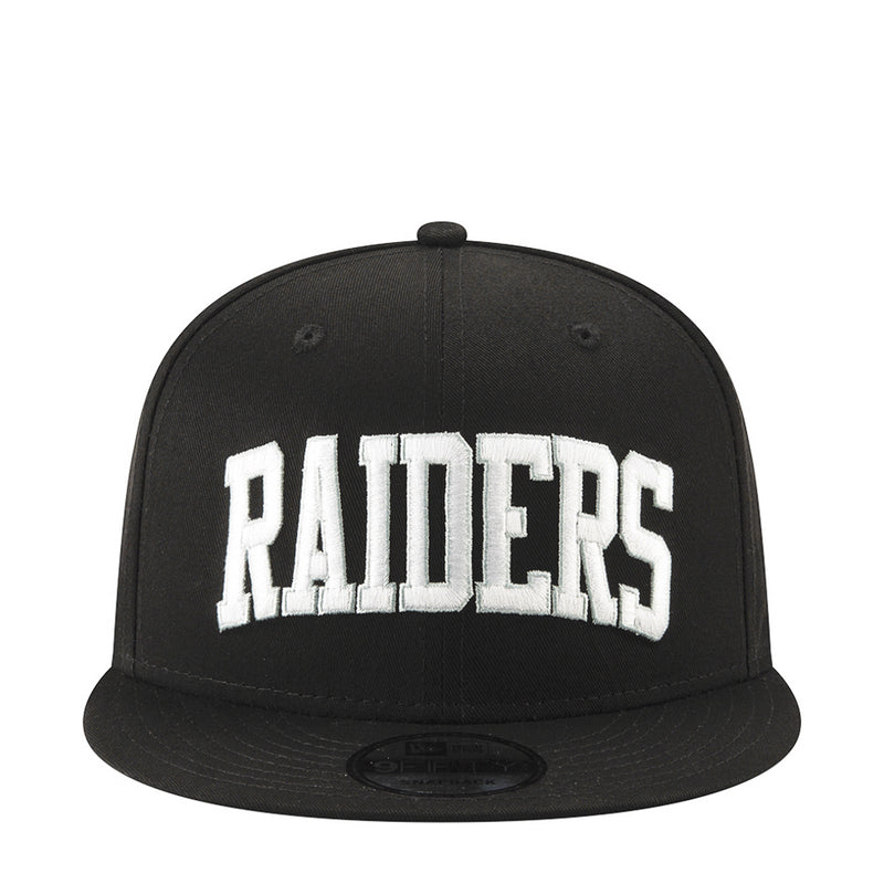 Black baseball cap with white Raiders script on the front panel