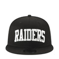 Black baseball cap with white Raiders script on the front panel