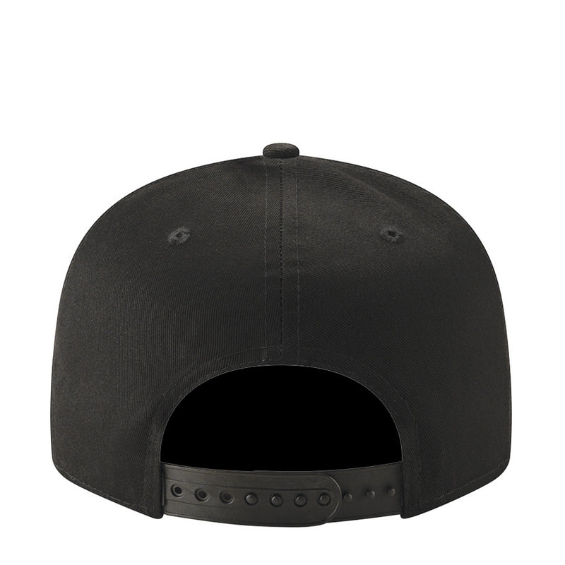 Black baseball cap back view with adjustable strap and eyelets