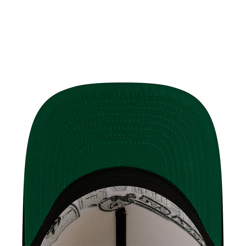 Close-up of green cap interior top with black stitched rim and panel seam
