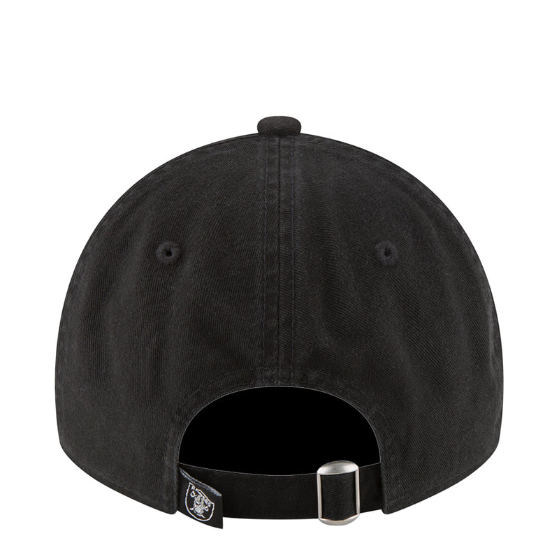 Black Raiders baseball cap back view with adjustable strap and metal buckle