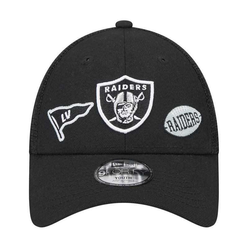Kids black Raiders trucker cap with front Raiders crest and LV logo patch