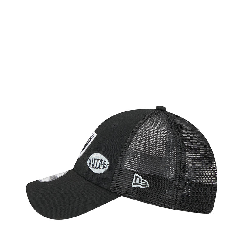 Kids black mesh trucker cap with front Raiders logo patch and flag logo
