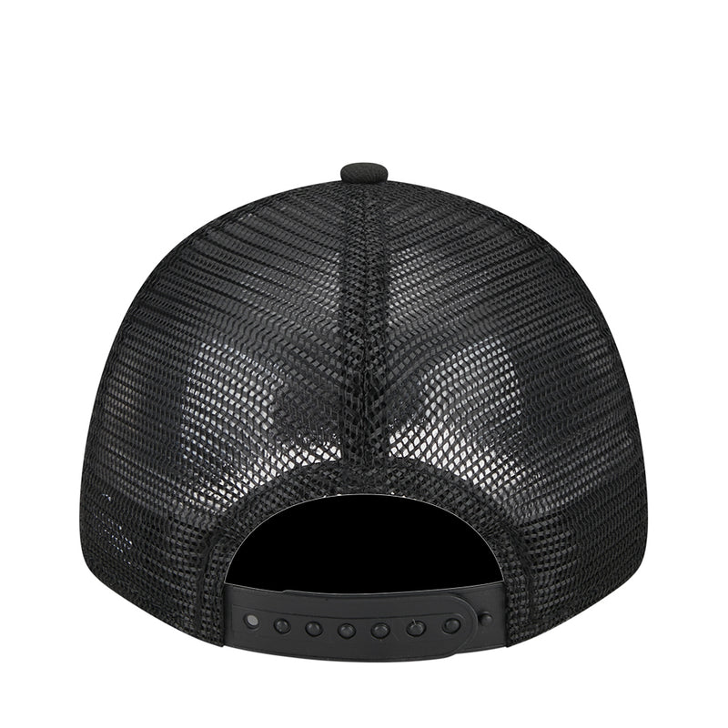 Kids black trucker cap back view with mesh panels and adjustable snapback strap