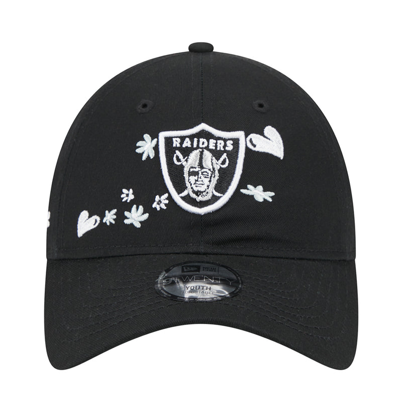 Kids' black baseball cap with Raiders shield patch and white flower embroidery