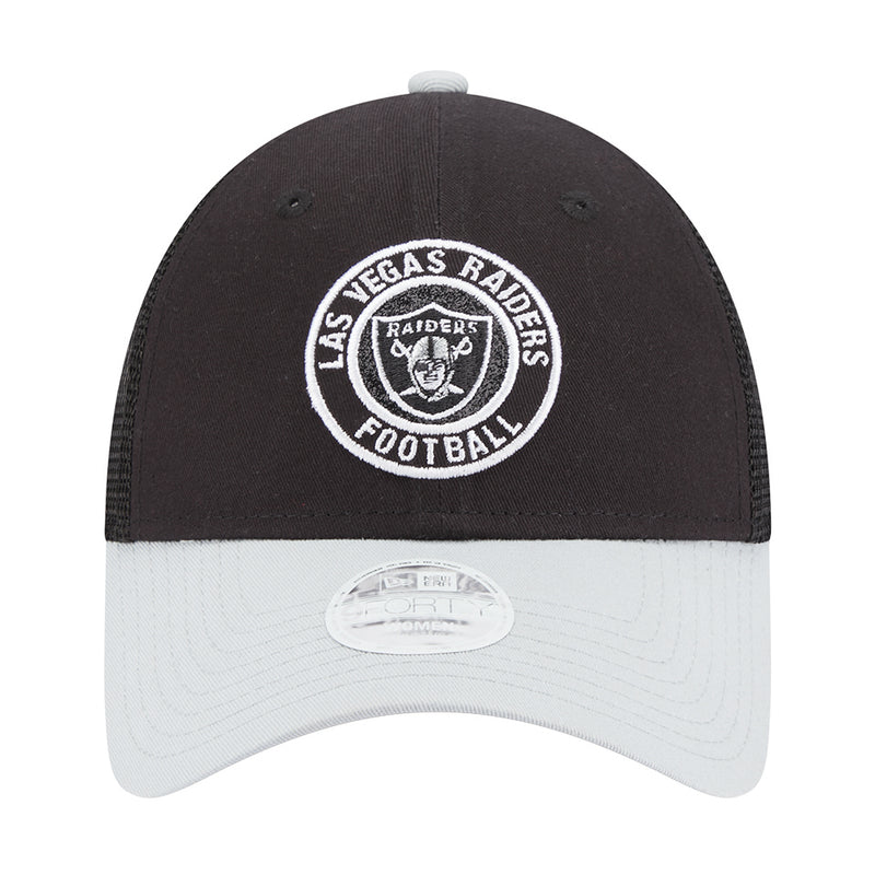Black and gray Raiders glitter trucker cap with front circular team logo badge