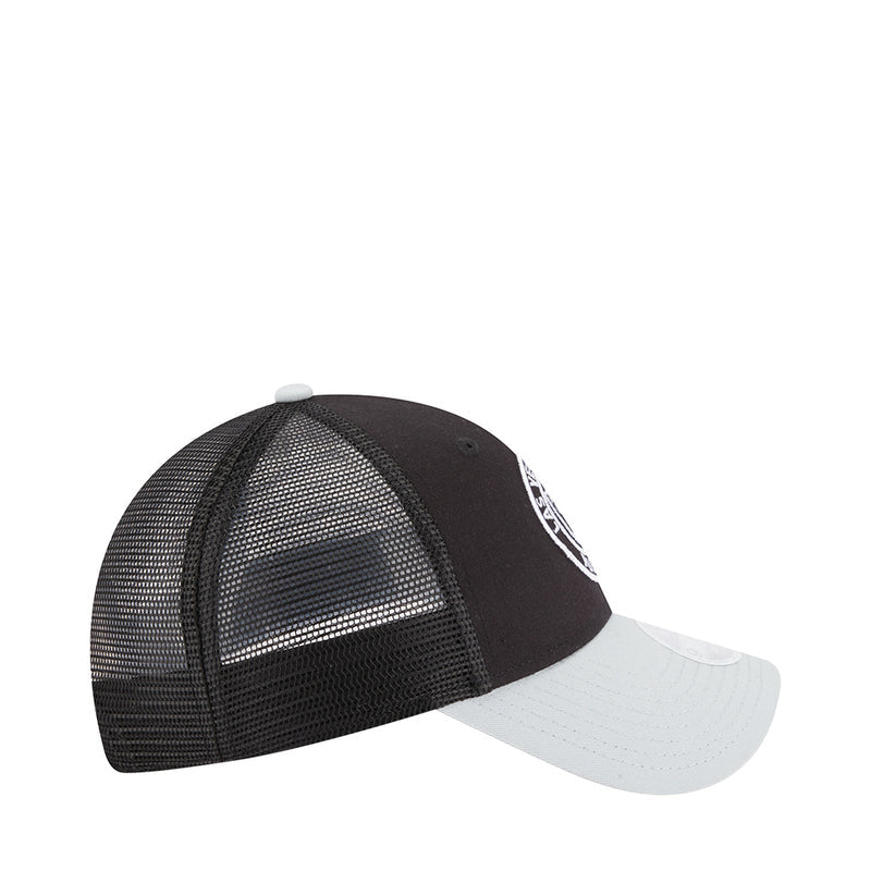 Black glitter trucker cap with gray bill and side team logo on mesh panel