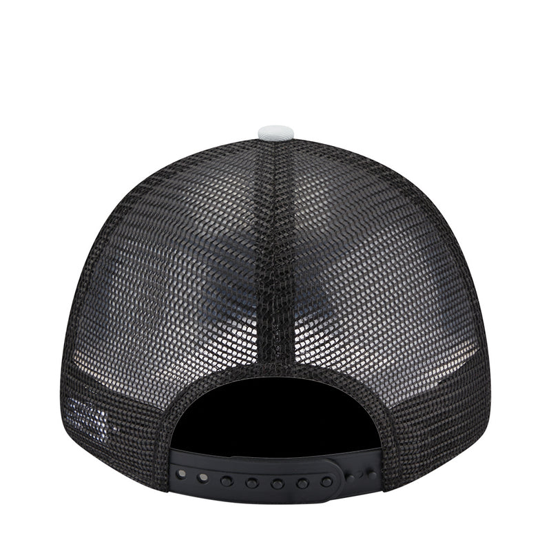 Black mesh trucker cap back with adjustable strap and vented panel