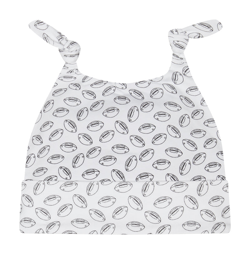 Infant knit beanie in white with football print and knotted top
