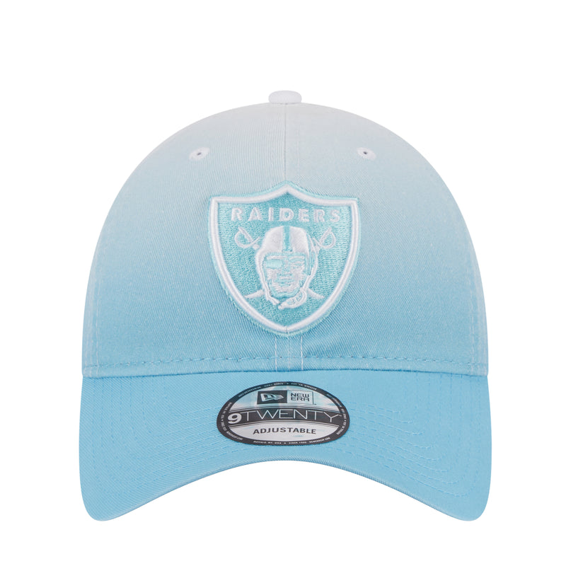 Light blue ombre baseball cap with Raiders shield front patch and New Era adjustable strap