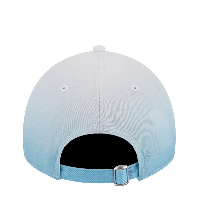 Light blue ombre baseball cap interior with adjustable strap and metal buckle