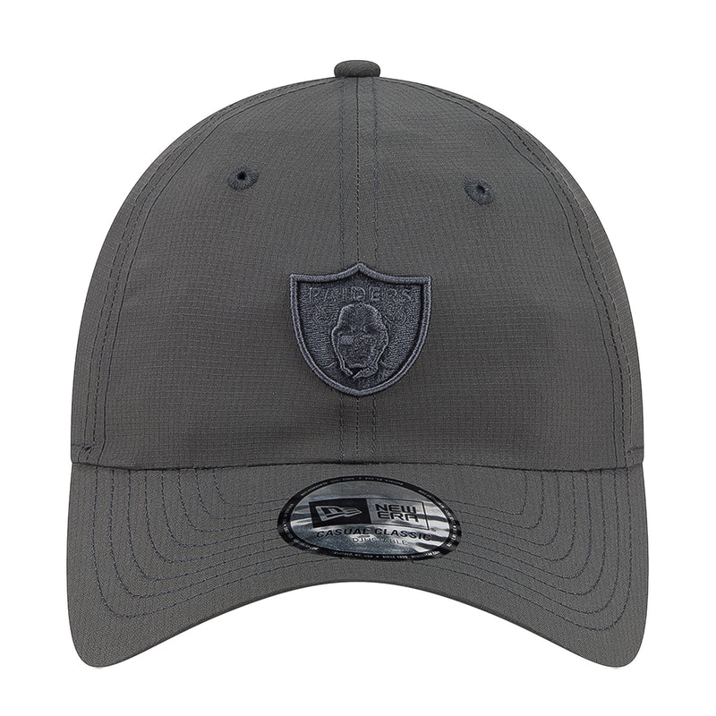 Dark gray ripstop strapback cap with Raiders shield patch and New Era logo
