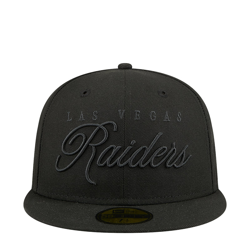 Black baseball cap with raised Raiders script on the front