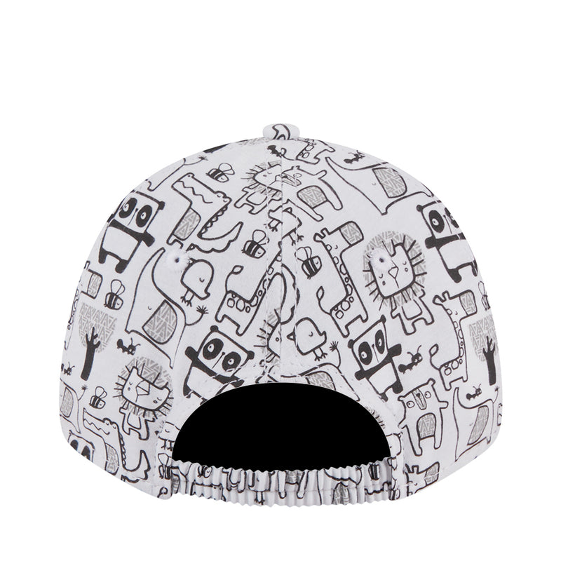 Kids dome cap with ruched elastic edge and white/black zoo animal pattern