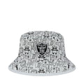 Kids bucket hat in white with black zoo animal and robot pattern, Raiders logo front