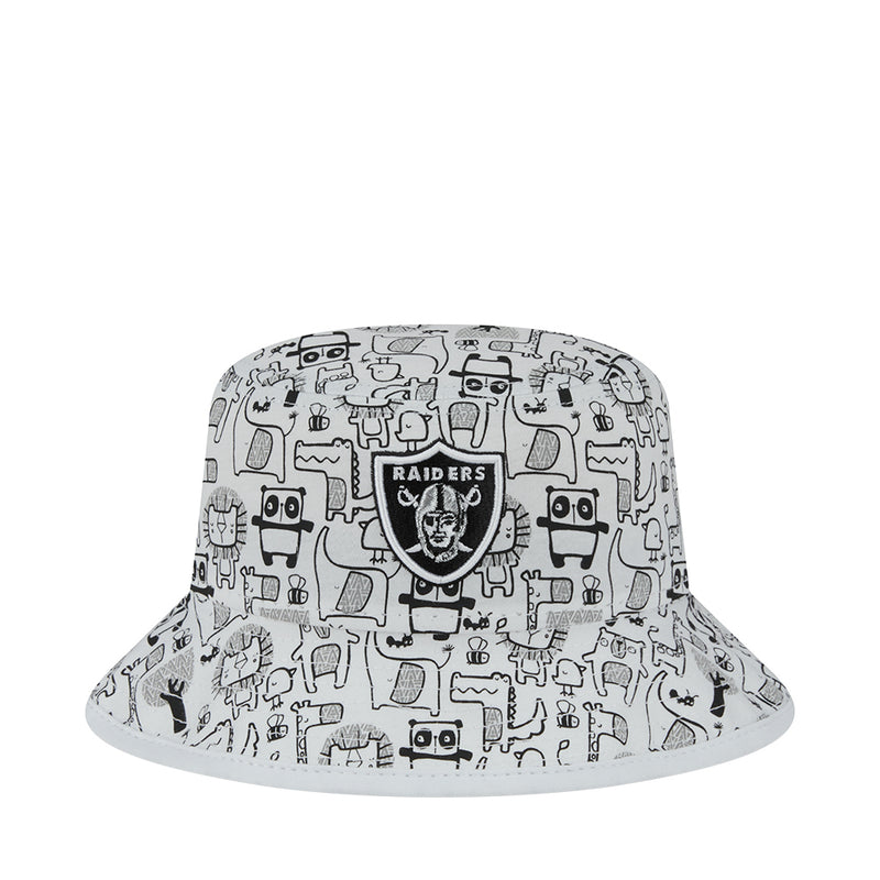 Kids bucket hat in white with black zoo animal and robot pattern, Raiders logo front