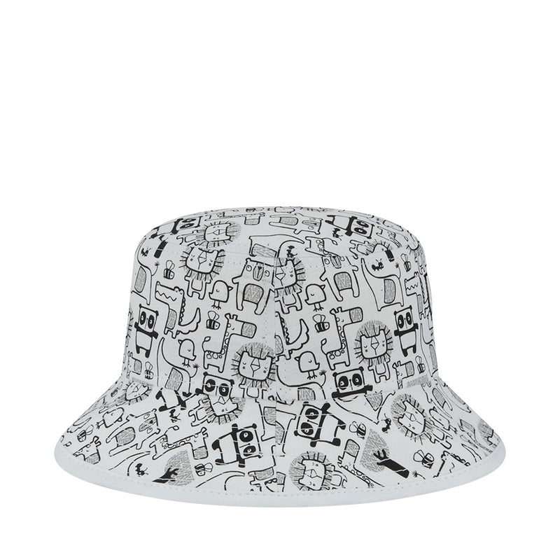 Kids white bucket hat with all-over black zoo animal pattern and wide brim