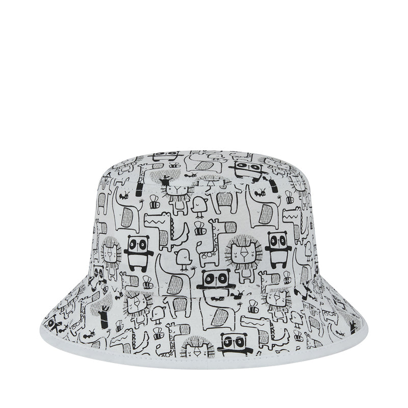 Kids white bucket hat featuring black zoo animal and robot print, front view